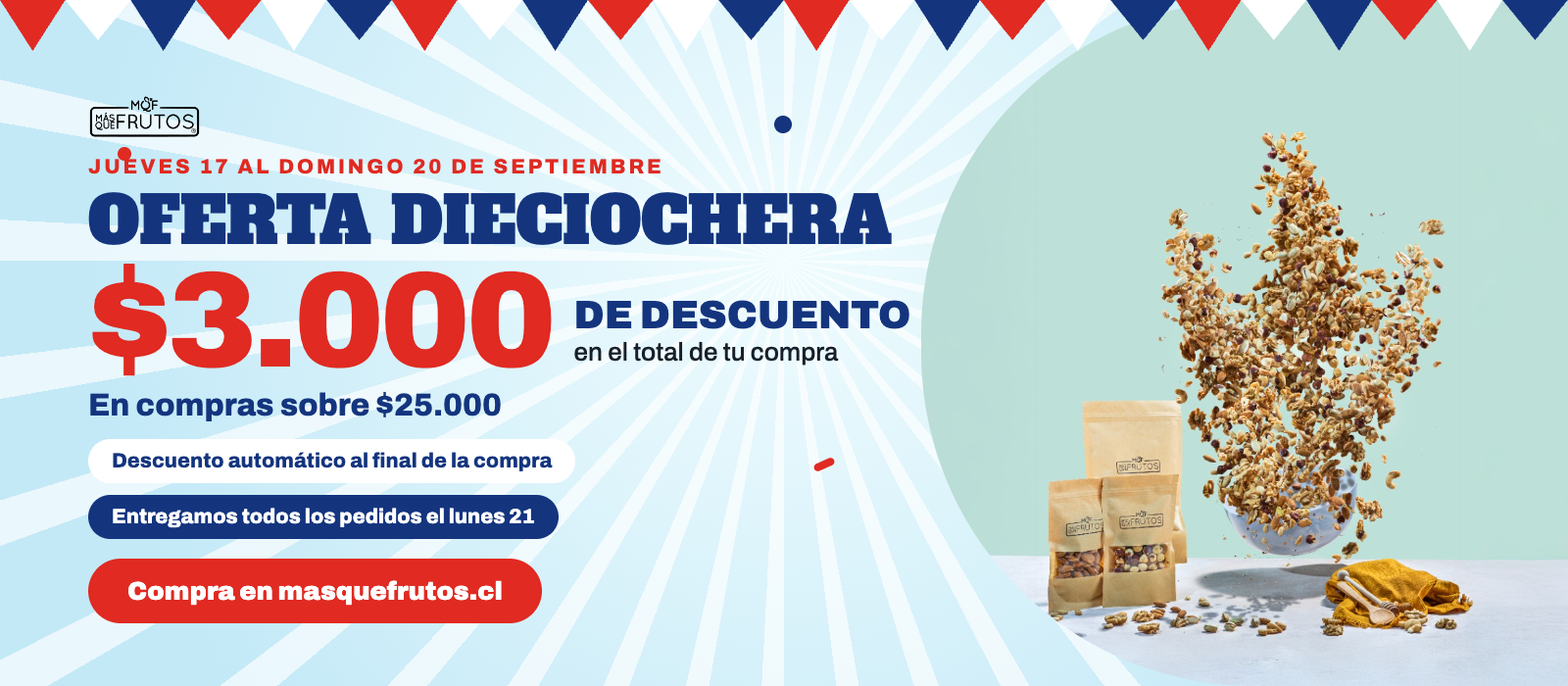 Oferta Dieciochera: $3.000 de descuento en compras sobre $25.000, del jueves 17 al domingo 20 de septiembre